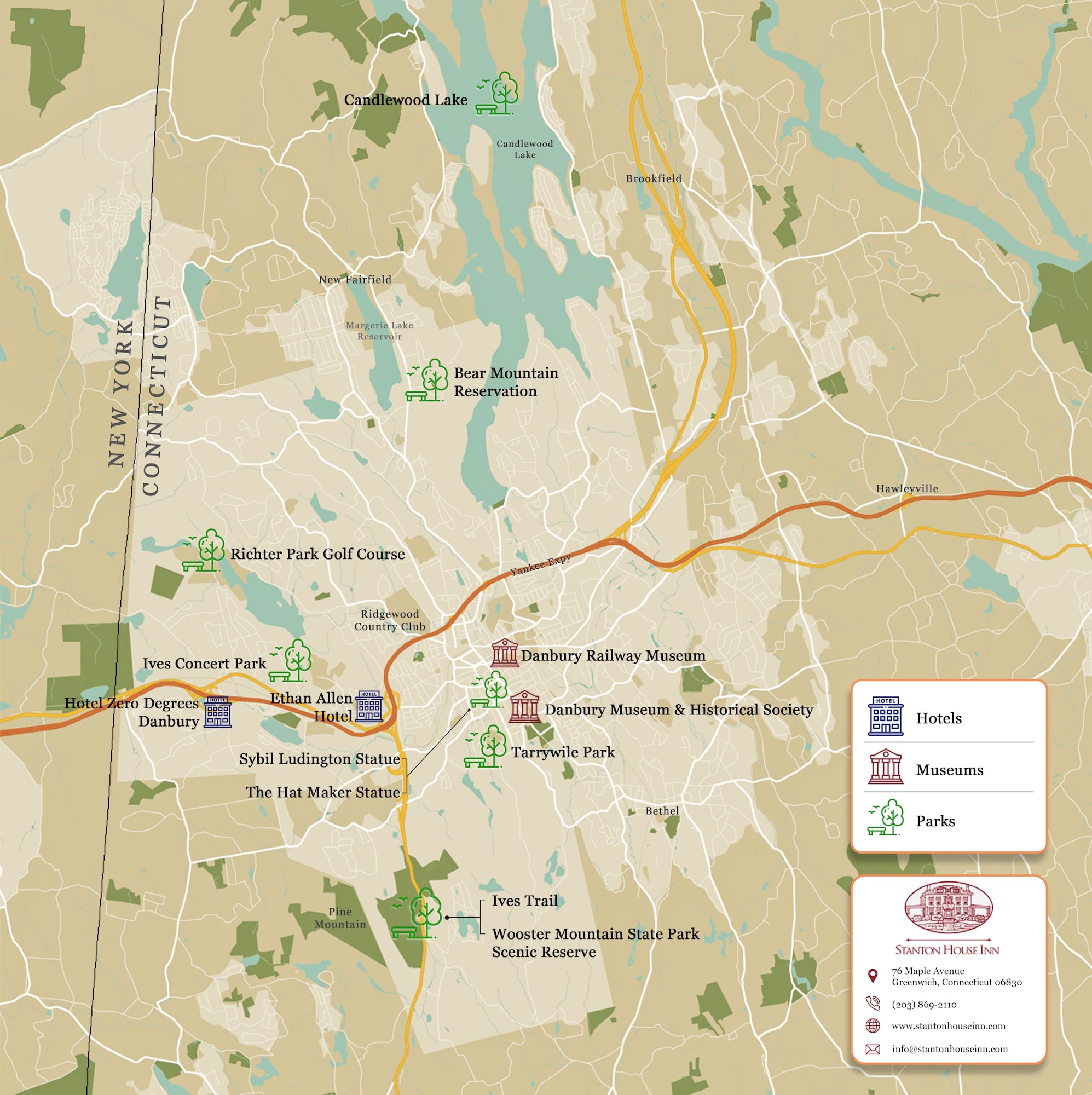 Map highlighting the diverse attractions in Danbury, Connecticut, setting the scene for exploration.